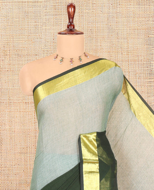 Light Green-Mehenti Half-And-Half Plain Khadi Mul Cotton Saree, with a Zari Border, and No Blouse