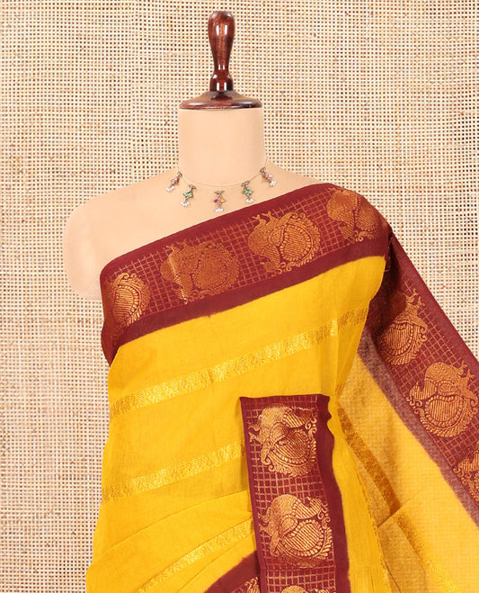 Mustard Peacock Buttas Sungudi Cotton Saree, Contrast Checked Peacock Border, Contrast Blouse