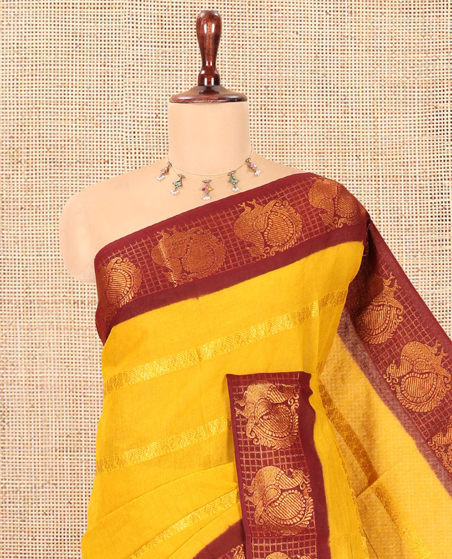 Mustard Peacock Buttas Sungudi Cotton Saree, Contrast Checked Peacock Border, Contrast Blouse