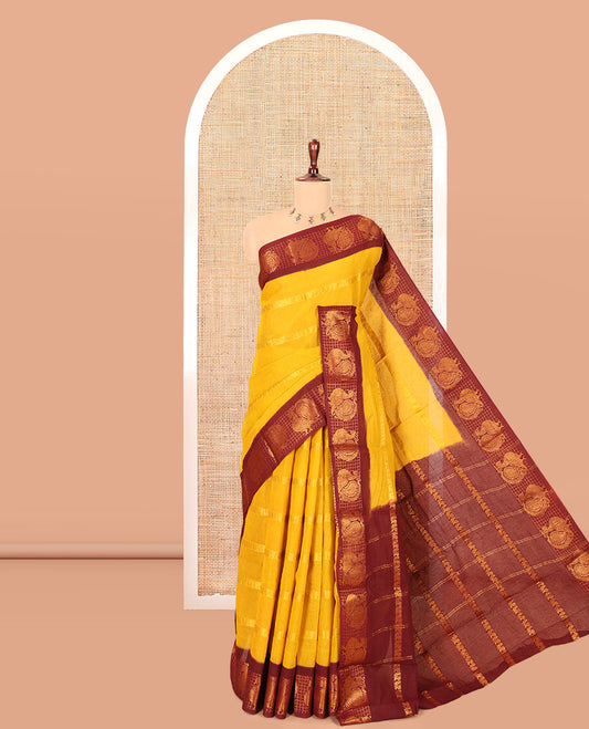 Mustard Peacock Buttas Sungudi Cotton Saree, Contrast Checked Peacock Border, Contrast Blouse