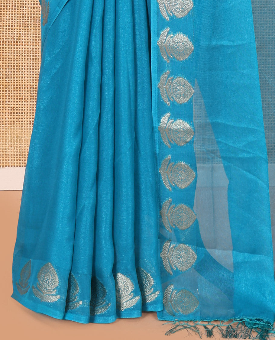 Blue Plain Moss Chiffon Saree, Highlighted by Gold Zari Floral Border, and a Self-Pallu