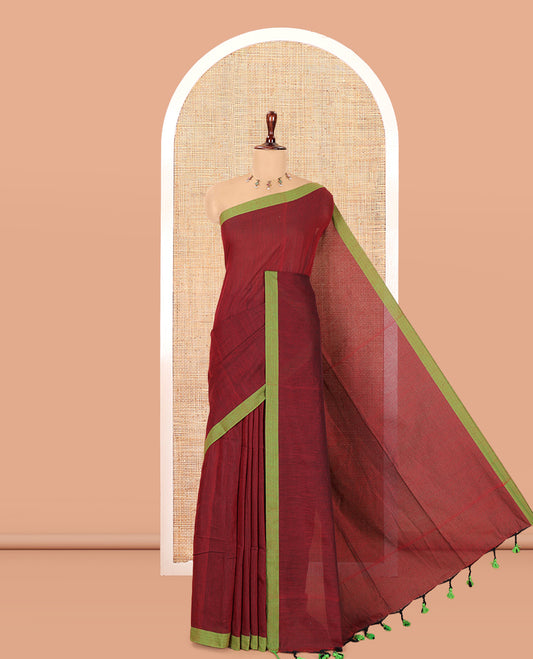 Maroon Plain Khadi Cotton Saree, a Contrast Border, a Self-Pallu, and No Blouse