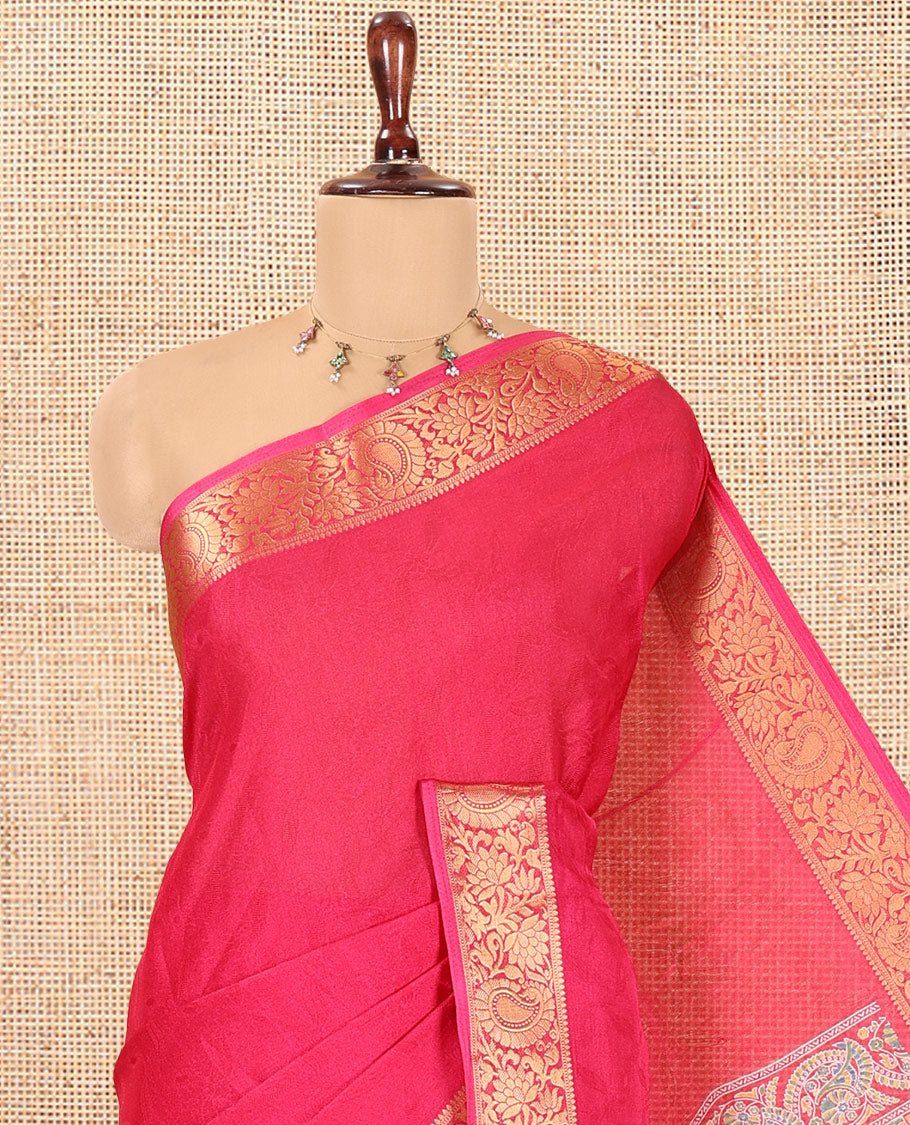 Rani Pink Embossed Moss Chiffon Saree, a Zari Floral-Paisley Vine Border, Contrast Mughal-Style Pallu, and a Matching Blouse