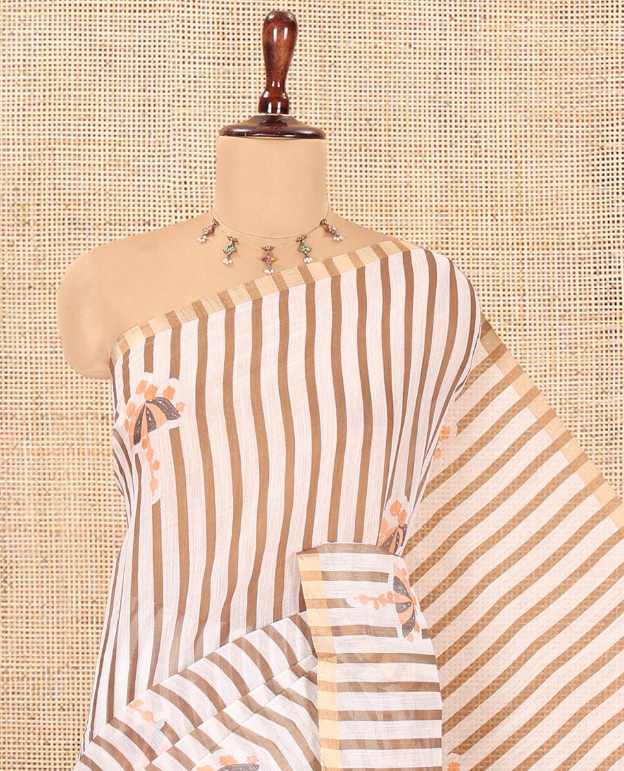 Borderless White-Brown Linen Cotton Saree, Elevated with Vertical Stripes, an Umbrella Print, and a Matching Blouse