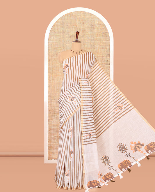 Borderless White-Brown Linen Cotton Saree, Elevated with Vertical Stripes, an Umbrella Print, and a Matching Blouse