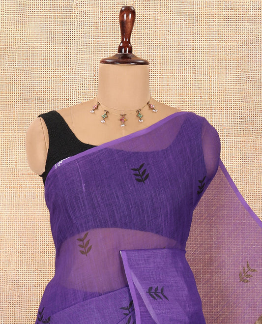 Borderless Purple Linen Cotton Saree with Leaf Print, a Contrast Leaf-Printed Pallu, and Contrast Blouse