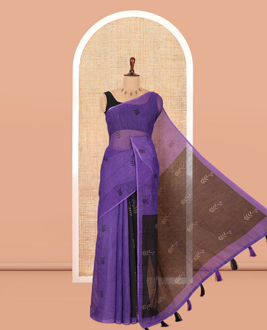 Borderless Purple Linen Cotton Saree with Leaf Print, a Contrast Leaf-Printed Pallu, and Contrast Blouse