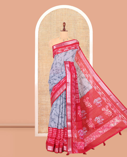 Grey Jute Linen Cotton Saree, Finely Crafted with Batik Print, Contrast Batik-Printed Zari Border, Batik-Printed Pallu, a Contrast Blouse
