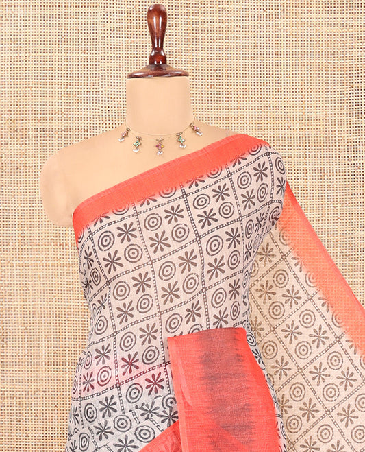 Chikku-Orange Linen Cotton Saree, Ornamented with Butta Enclosed Checks Print, a Contrast Ikat Border, Printed Pallu, and Contrast Blouse