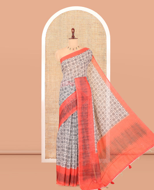 Chikku-Orange Linen Cotton Saree, Ornamented with Butta Enclosed Checks Print, a Contrast Ikat Border, Printed Pallu, and Contrast Blouse