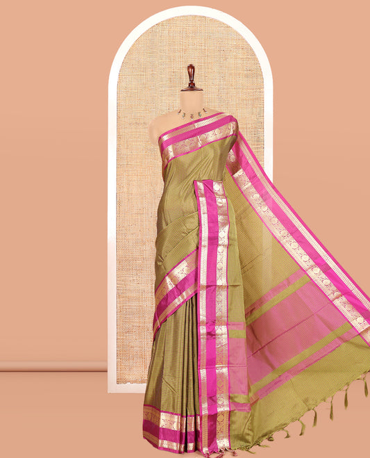 Green Striped Semi-Katan Silk Saree, a Contrast Traditional Zari Border, Plain Pallu, and a Contrast Blouse