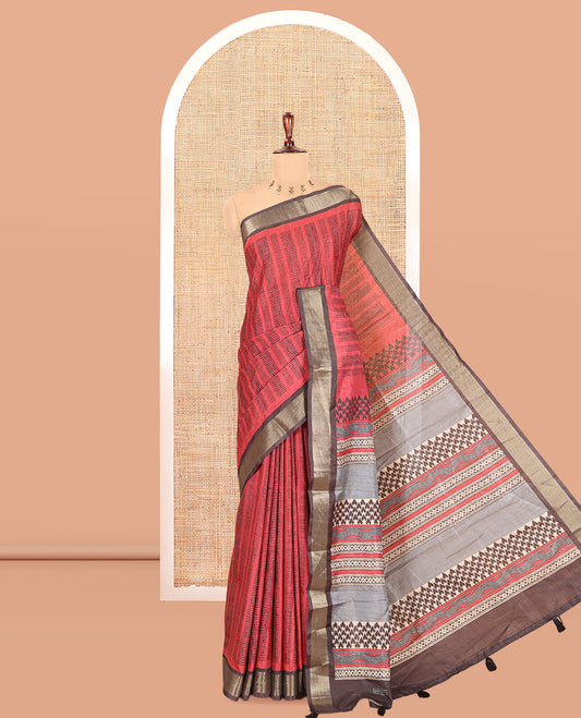 Pink Art Tussar Saree, Embellished with Geometric Patterns, a Contrast Zari Border, a Geometric Pallu, and a Contrast Blouse