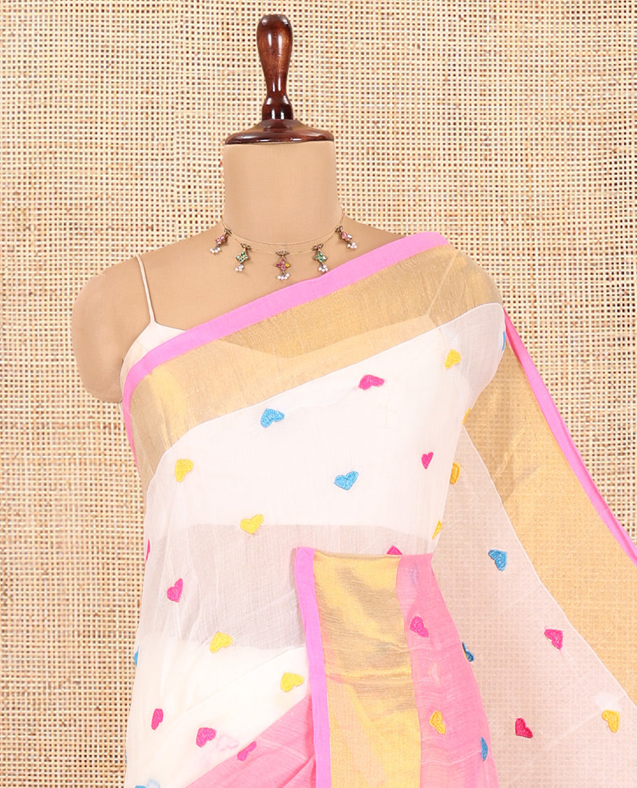 Cream-Rust Half-And-Half Heart Motifs Embroidered Khadi Cotton Saree, Contrast Bavanji Border, No Blouse