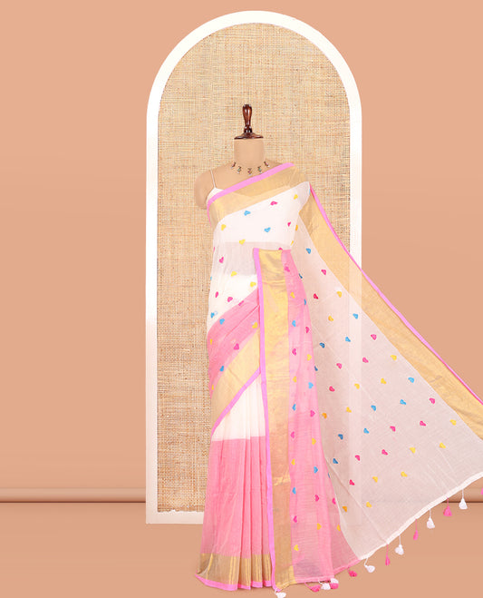 Cream-Rust Half-And-Half Heart Motifs Embroidered Khadi Cotton Saree, Contrast Bavanji Border, No Blouse
