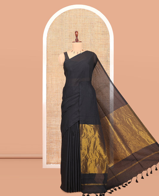 Borderless Black Plain Khadi Cotton Saree
