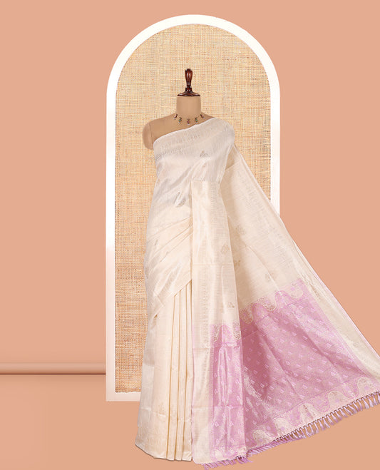 Cream-Lavender Jute Linen Saree