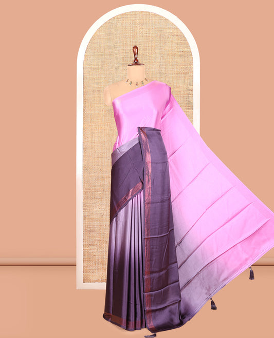 Pink-Midnight Tyrian Purple Plain Ombre-Style Satin Crepe Saree