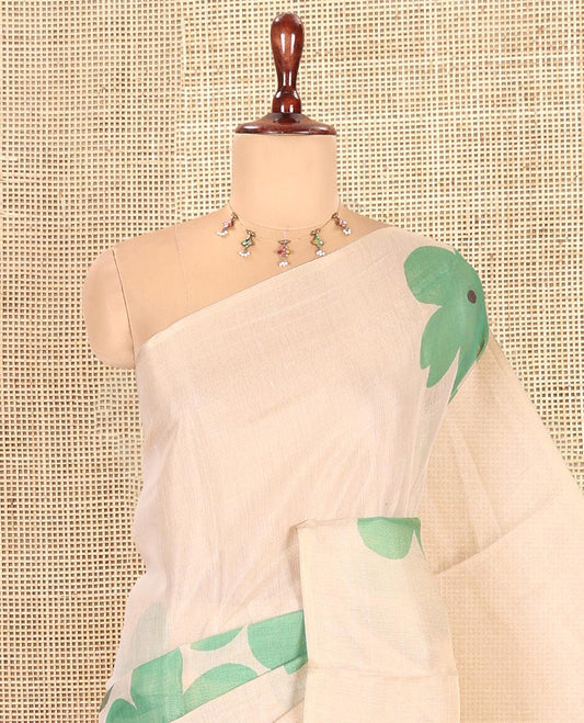 Borderless Cream-Green Tissue Cotton Saree