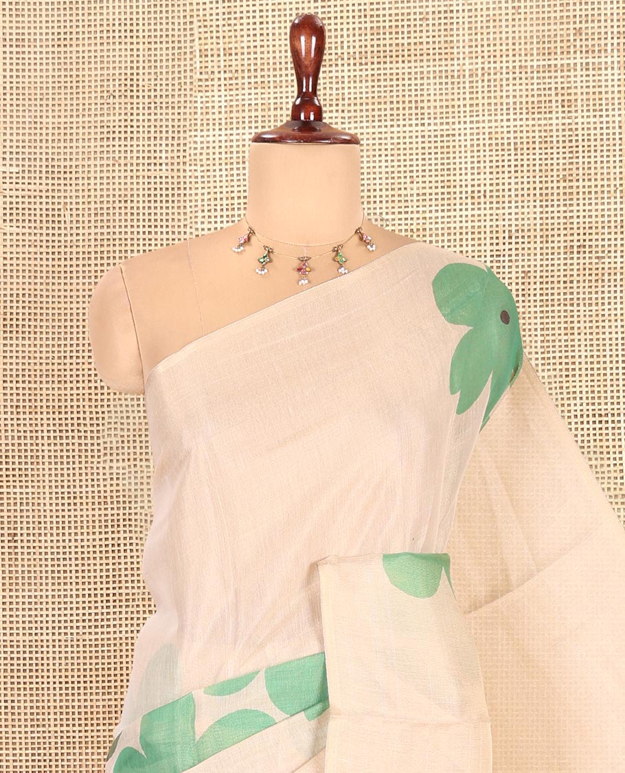 Borderless Cream-Green Tissue Cotton Saree