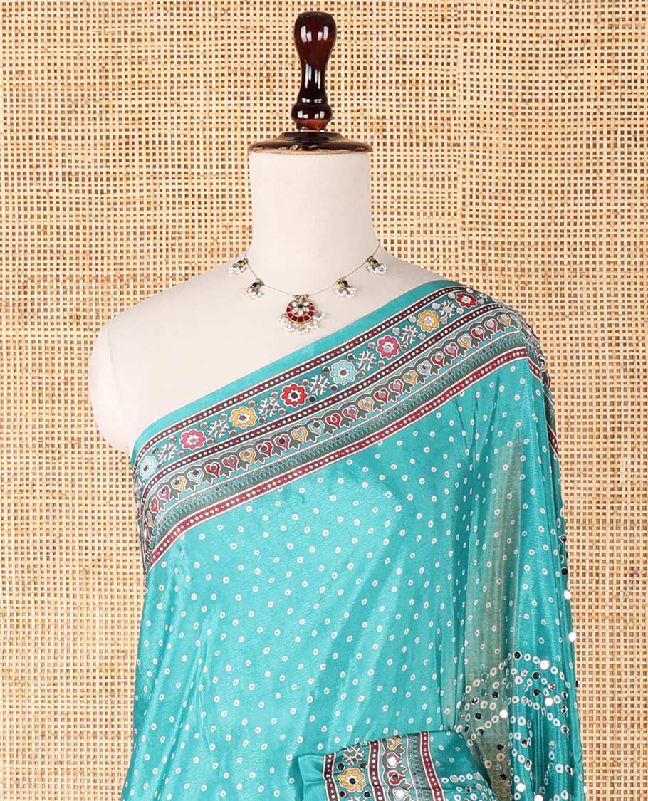 Rama green bandhani printed , mirror work synon silk saree with printed border, mirror work & printed pallu along with bandhani printed blouse
