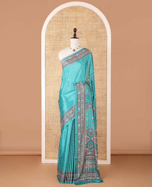 Rama green bandhani printed , mirror work synon silk saree with printed border, mirror work & printed pallu along with bandhani printed blouse