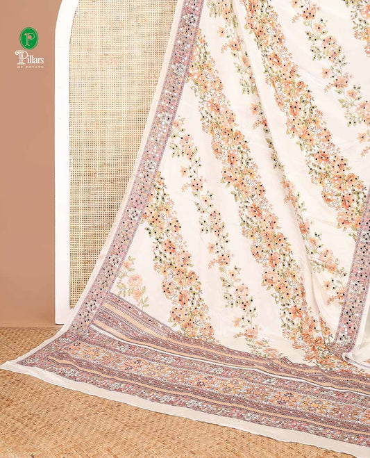 Cream printed, mirror work synon silk saree with printed border, mirror work & printed blouse along with printed blouse