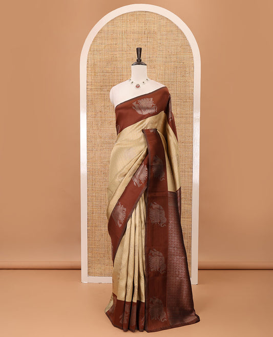 Sandal zari checked & elephant motifs woven kanchi silk saree, contrast korvai-style border of elephant motifs, intricate pallu & plain blouse