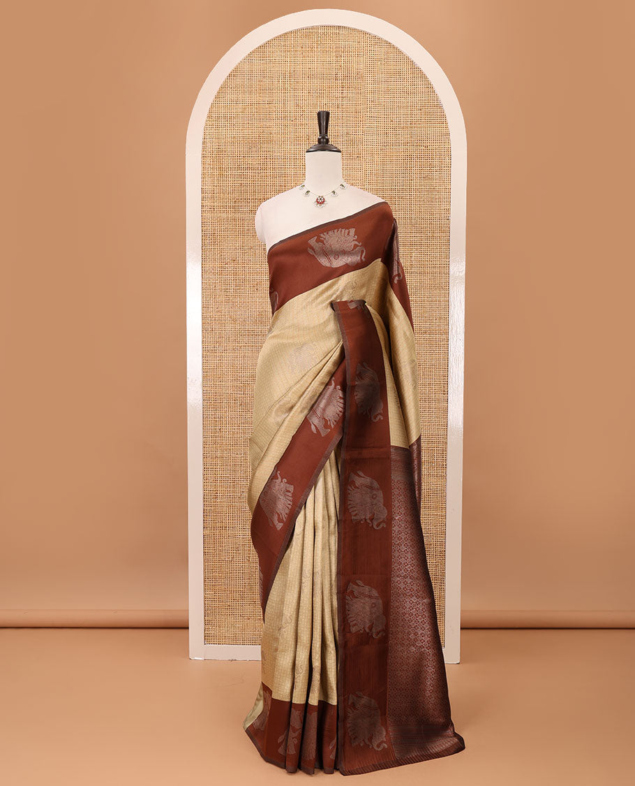 Sandal zari checked & elephant motifs woven kanchi silk saree, contrast korvai-style border of elephant motifs, intricate pallu & plain blouse