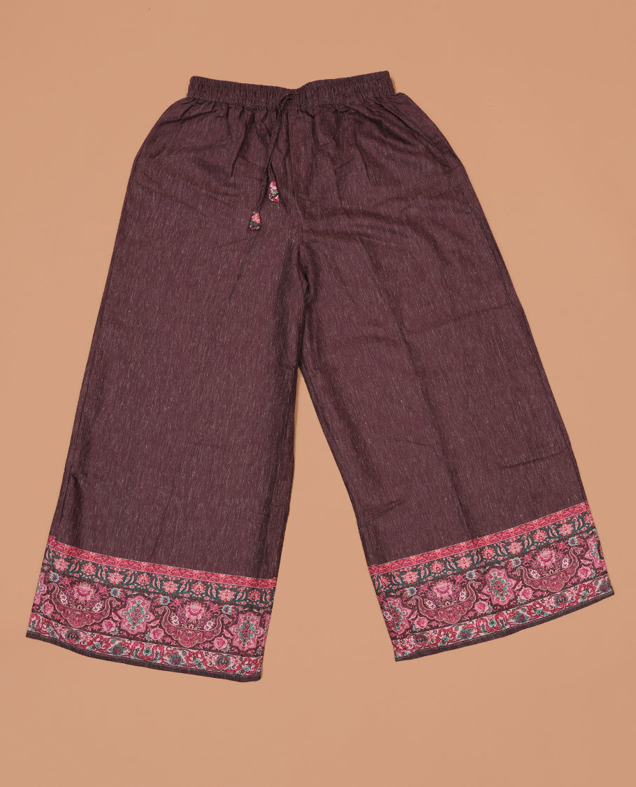 Lavender intricately floral printed slub cotton palazzo pants