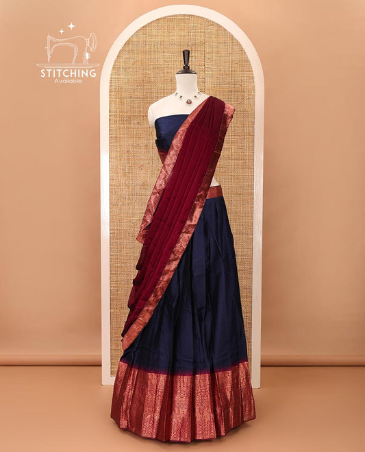 Navy blue taffeta silk material chudidar,plain skirt,contrast temple traditional zari border,zari design blouse & zari border georgette dhavani