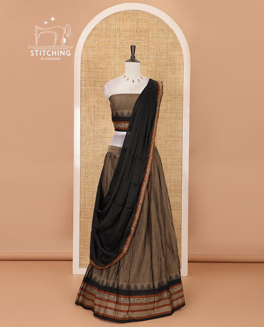 Grey mercedised cotton half-saree, contrast traditional resham thread border skirt, matching blouse & contrast black thread border georgette dhavani