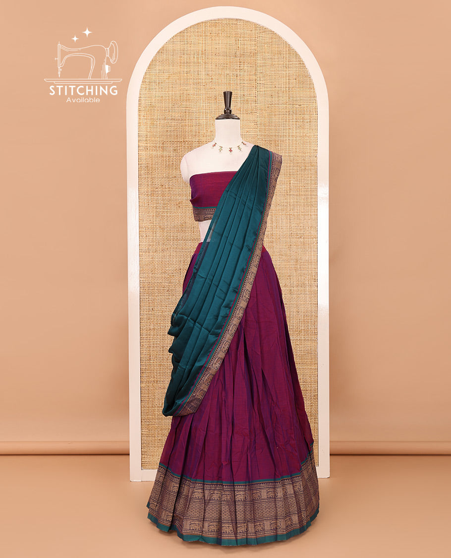 Purple with green cotton half saree with contrast elephant design border,elephant design blouse & zari design border dhavani