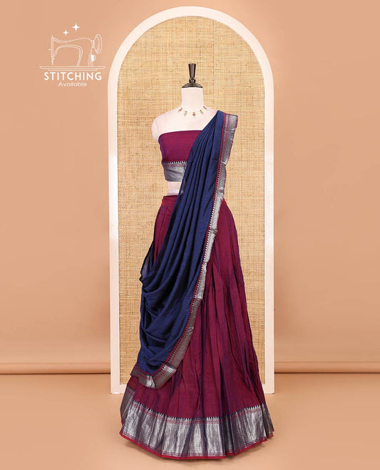Magenta-Blue Mercerised cotton half-saree, plain & contrast temple geometric border skirt, matching blouse & contrast zari border Vichitra silk dhavani