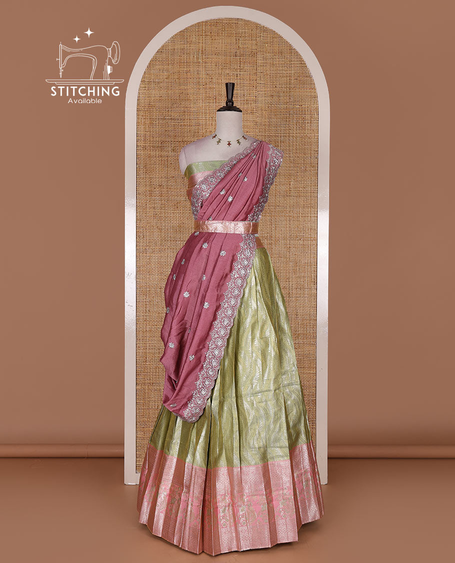 Light green-pink banaras tissue half saree, jacquard with contrast traditional zari bordered skirt, matching blouse, and Vichitra silk embroidered dhavani