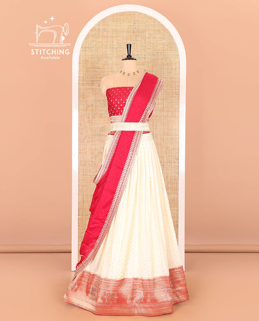 White Buttas Embroidered Half-Saree with Contrast Traditional Motifs, Embroidered Viscose Georgette Border, Contrast Blouse, and an Intricately Embroidered Syska Georgette Dhavani