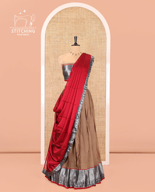 Chikku-Red Mercerised Cotton Half-Saree Features Plain with Contrast Traditional Zari Bordered Skirt, Paired with a Matching Blouse, and Comes with a Contrast Bordered Dhavani