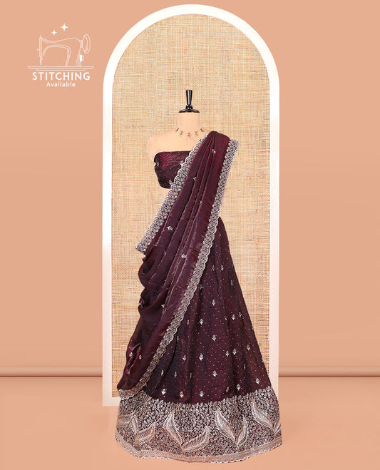 Wine Fendi Organza Half-Saree, with Embroidered Buttas on Its Skirt, Embroidered Scallop Border, Paired with a Matching Blouse, and an Embroidered Fendi Organza Scallop Dhavani
