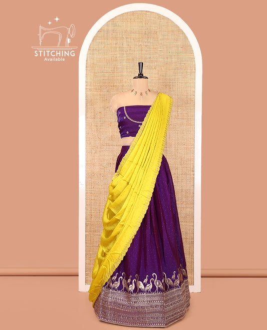 Violet Half-Saree Set, Finely Crafted with Stone Work and Bird Motifs Embroidery on Its Satin Georgette Skirt, Highlighted by Embroidered Border, Paired with a Matching Blouse, and Comes with a Contrast Scallop Stone Work Dupatta