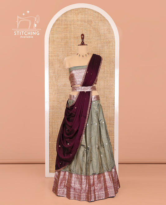 Steel Grey-Wine Banarasi Silk Half-Saree Features Buttas Skirt, Contrast Traditional Border, Matching Blouse, Contrast Embroidered Dhavani