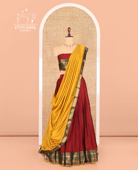Red-Yellow Chettinad Cotton Half-Saree, Contrast Traditional Annam Bordered Skirt, Matching Blouse, and a Contrast Dhavani