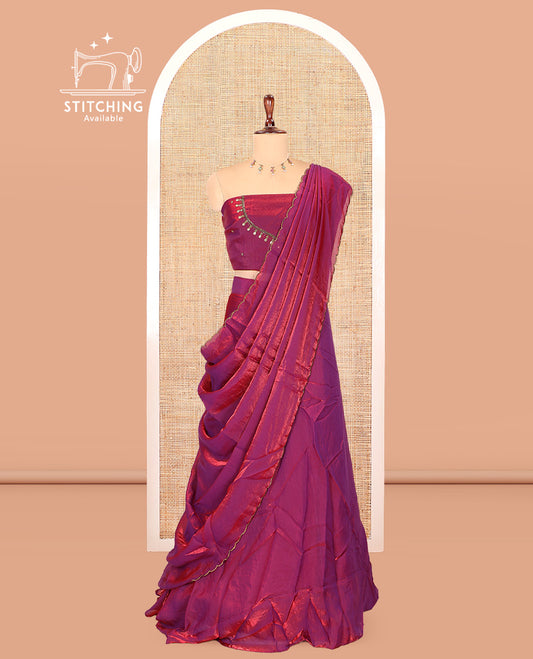 Wine Fendi Organza Half-Saree, Plain Skirt, Matching Embroidered Blouse, Matching Scallop Dhavani