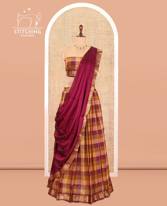 Multi-Color Checked Chettinad Cotton Half-Saree Showcasing a Zari Border, Matching Blouse, Contrast Dhavani