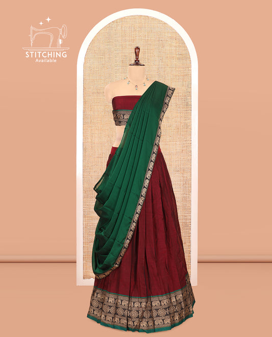 Maroon Mercerised Cotton Half-Saree, Plain Skirt, an Elephant Motif Border, a Matching Blouse, Contrast Dhavani