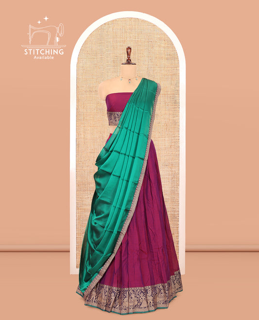 Dark Purple Mercerised Cotton Half-Saree Features a Plain Skirt, a Bridegroom Motif Border, a Matching Blouse, a Contrast Dhavani