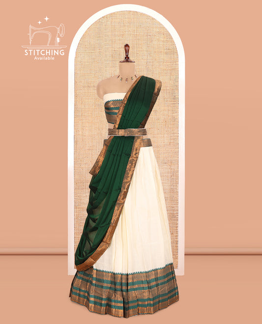Cream-Green Semi-Silk Half-Saree