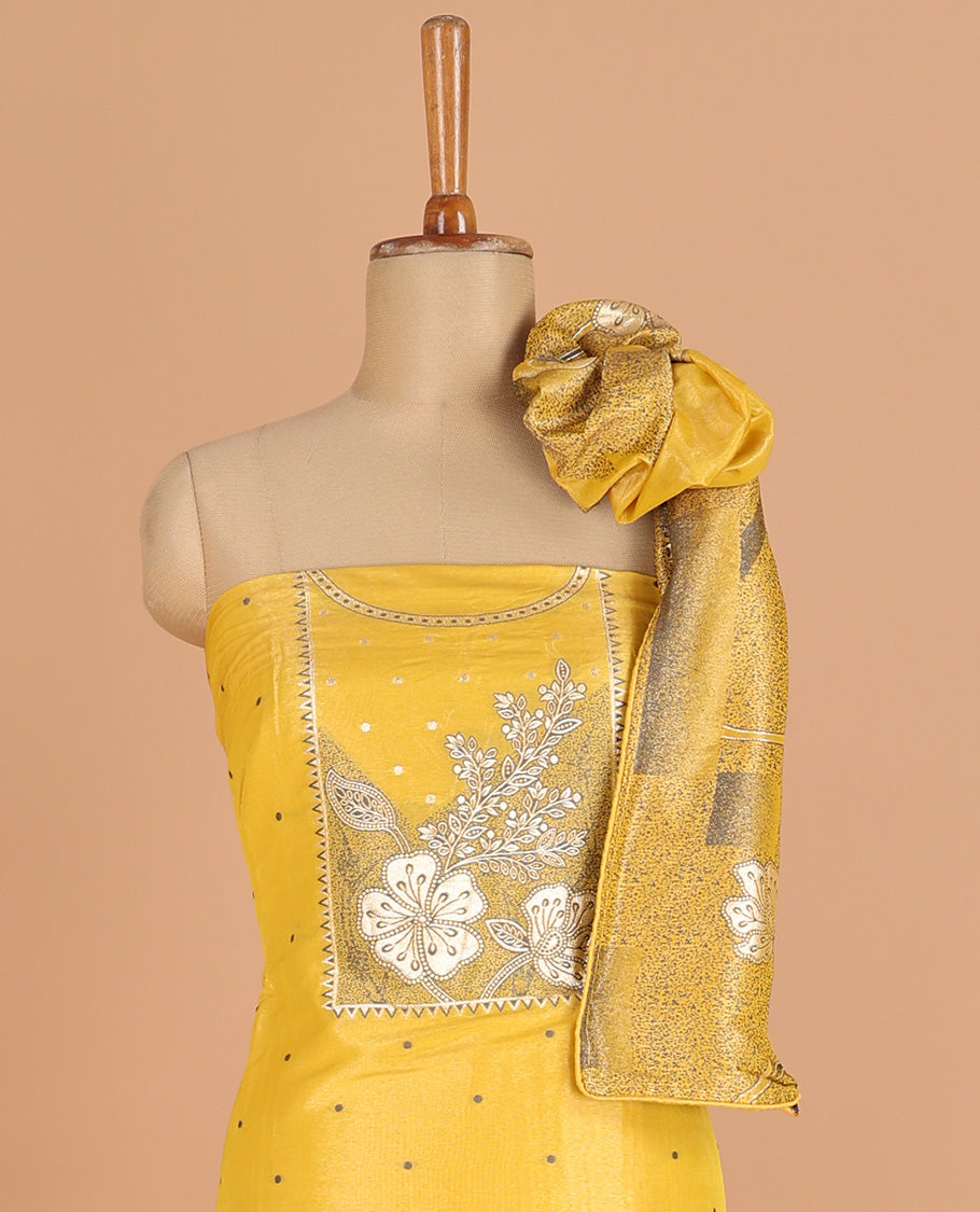 Yellow chudidhar material chanderi tissue neck weaving thread, floral butta top with satin cotton pants & chanderi tissue zari weaving dupatta