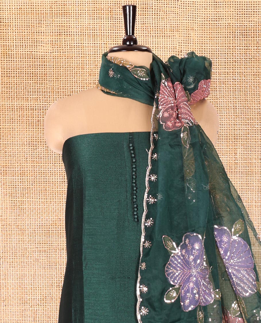 Bottle Green Vichitra Silk Material Chudidar Set, Adorned with Pom-Pom Necklined Top, a Plain Santoon Bottom, and Paired Scallop Multi-Color Floral Embroidered Organza Dupatta
