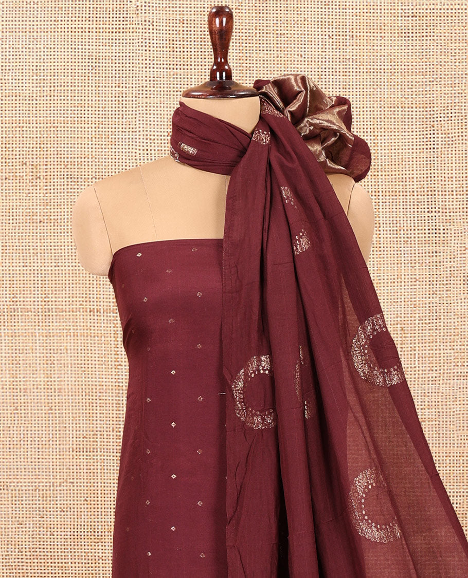 Maroon Mul Chanderi Material Chudidar Set, Subtly Sparkled with Buttas Top, a Matching Bottom, and a Circle Motif Woven Dupatta