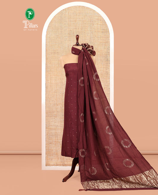 Maroon Mul Chanderi Material Chudidar Set, Subtly Sparkled with Buttas Top, a Matching Bottom, and a Circle Motif Woven Dupatta