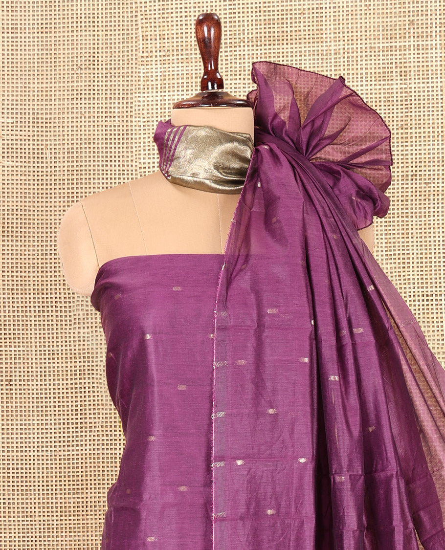Dark Purple Banarasi Chanderi Material Churidar Features Zari Buttas Top, a Plain Bottom, and a Matching Dupatta